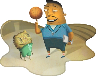 illustration of male gym teacher teaching basketball to the strange creature