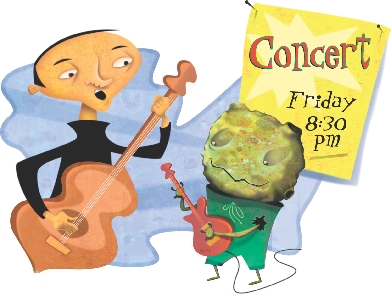 illustration of strange creature and musician playing guitar