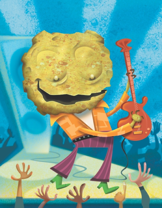 illustration of strange creature playing guitar on a stage