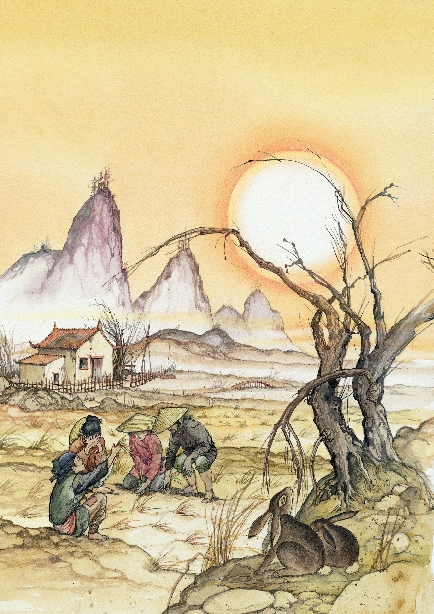 illustration of four people in an empty crop field, house and mountains in background