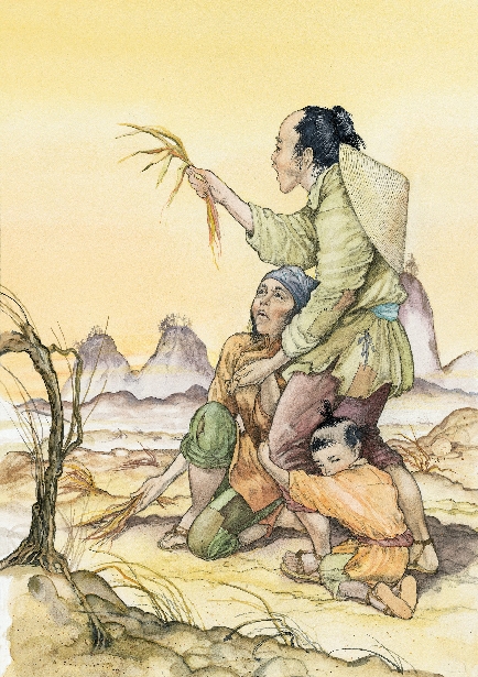 illustration of a man, woman, and child in an empty crop field