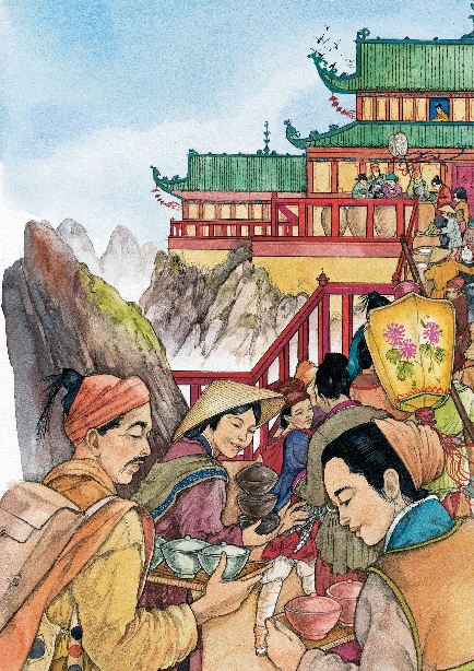 illustration of a group of villagers, each carrying three bowls of rice