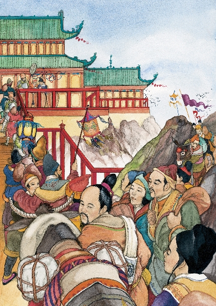 illustration of a group of merchants, each carrying a bag of rice