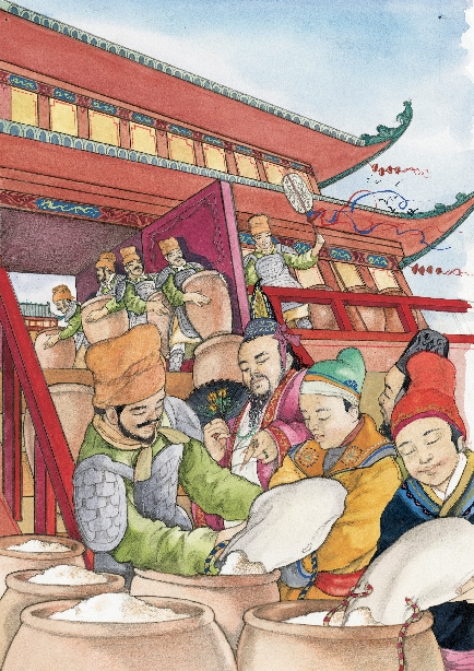 illustration of a group of lords, emptying bags of rice into large jars