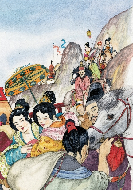 illustration of a group of people carrying bags of rice, some riding on horses