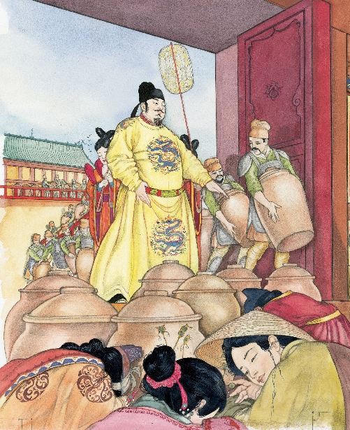 illustration of the emperor standing among huge covered jars, with workers carrying in more jars