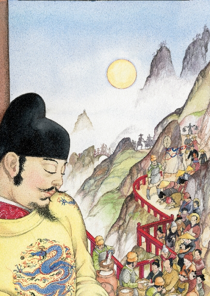 illustration of the emperor overlooking people standing on line to get rice