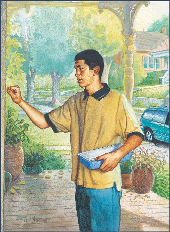 illustration of a man holding a package and knocking on a door