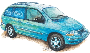 illustration of a car with a sign on it that reads, “Meals on Wheels”