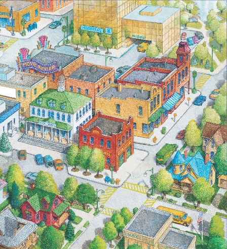 illustration of a city neighborhood showing streets, houses, school, movies, and hospital buildings