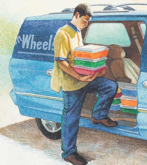 illustration of a man loading containers of meals into an SUV