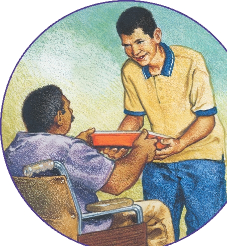 illustration of Carlos handing a meal container to a man in a wheelchair