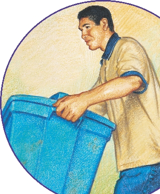 illustration of Carlos carrying a large trash container