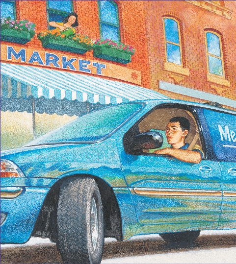 illustration of Carlos driving his Meals on Wheels SUV in front of the market