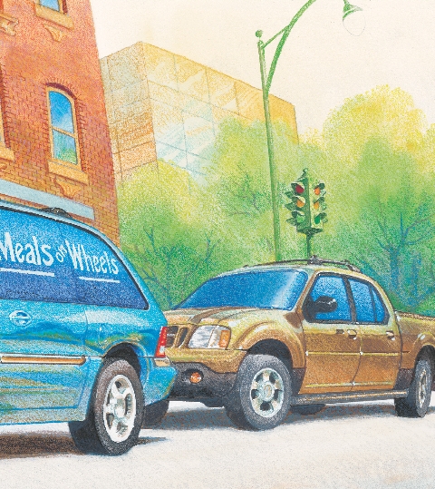 illustration of Carlo's Meals on Wheels car with another car behind it