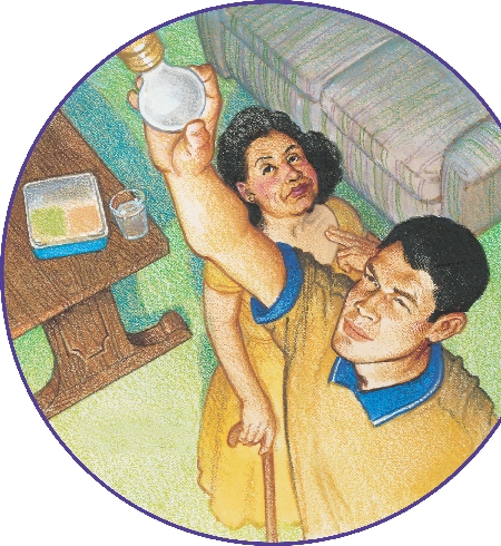 illustration of Carlos changing a light bulb for Mrs. Gonzales