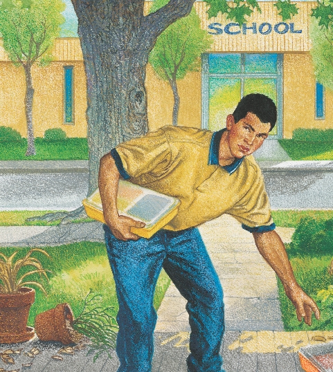 illustration of Carlos holding a food container and standing in front of a school