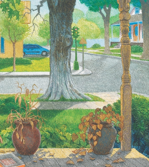 illustration of tree and street by the school building, Carlos' SUV in background