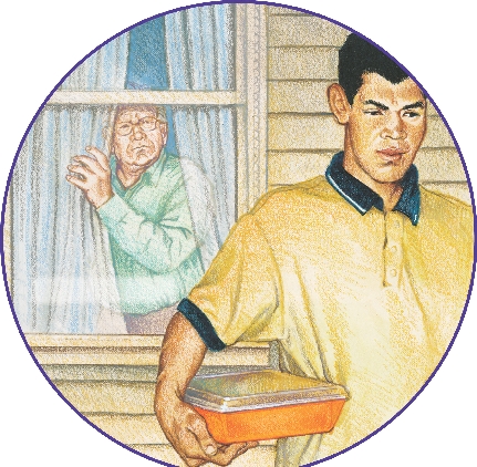 illustration of Carlos in front of a house with Mr. Potter looking out window