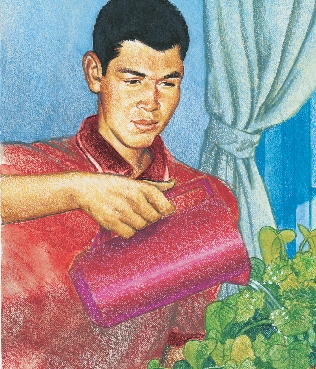 illustration of Carlos watering plants with a pitcher of water