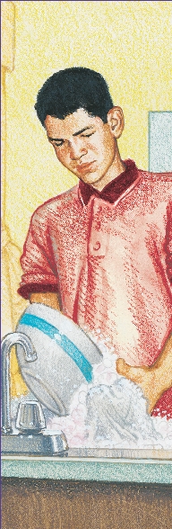 illustration of Carlos washing a large bowl in a kitchen sink