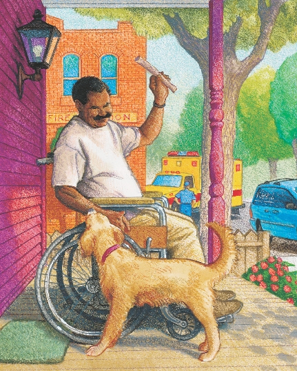 illustration of Mr. Chase sitting on a porch with a large, red dog next to him