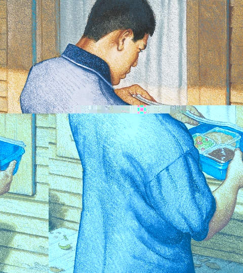 illustration of Carlos standing on a porch looking inside the meal container