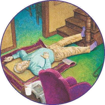 illustration of Mr. Potter lying on the floor at the base of a stairway