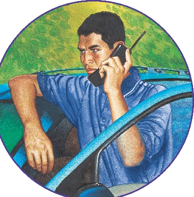 illustration of Carlos leaning on his SUV talking on a cell phone