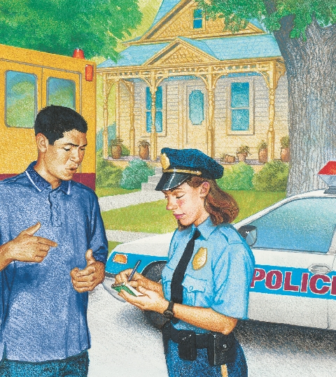 illustration of Carlos talking to a female police officer