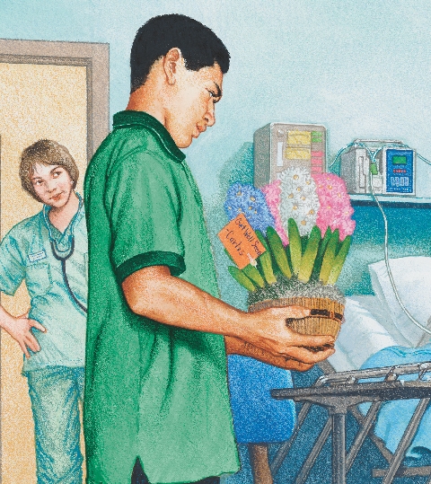 illustration of Carlos holding a flower arrangement in a hospital room