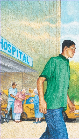 illustration of Carlos leaving the hospital building