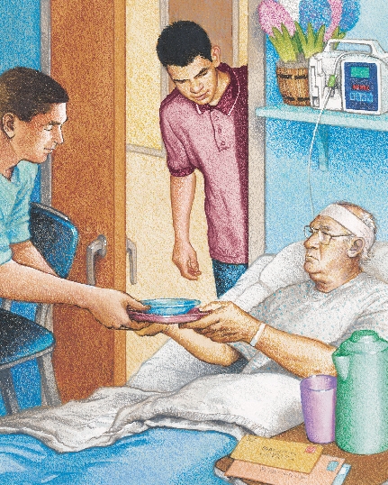 illustration of Carlos in Mr. Potter's hospital room, a nurse is handing Mr. Potter a meal