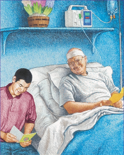 illustration of Carlos sitting next to a smiling Mr. Potter in his hospital bed