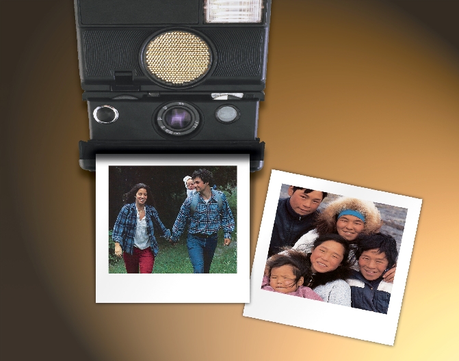 photograph of an instant camera with two pictures of families