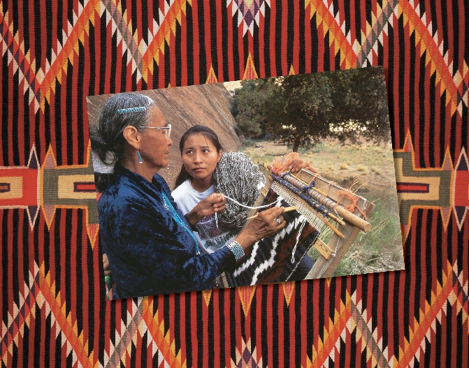 photograph of a Native American woman weaving a blanket on a loom, and a girl