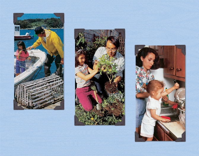 three photograph of families, boating, gardening, and doing the dishes