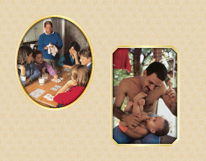 two photographs, a family playing cards and a father playing with a baby