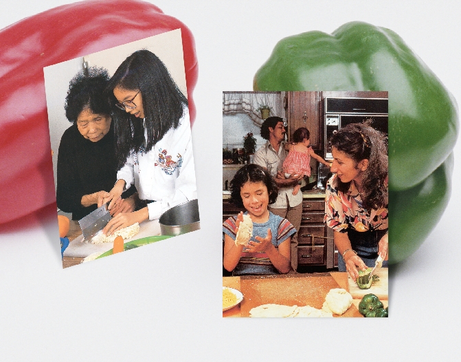 two photographs of families cooking together