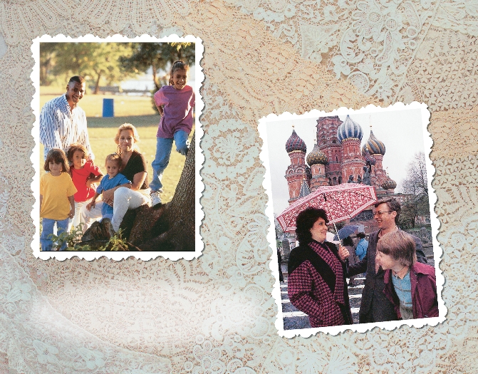 two photograph of families, one with four children and one with one child