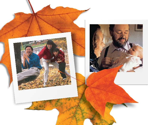 two photographs, a family playing on a swing and a father, mother, and baby