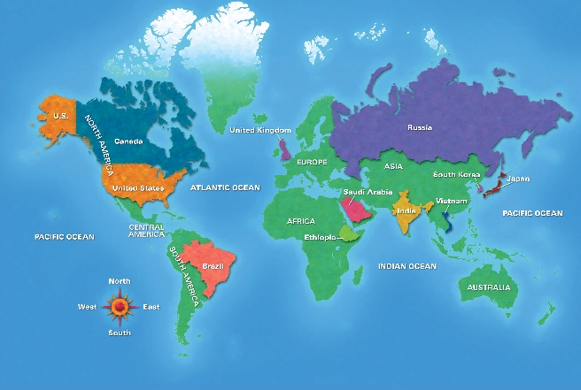 illustration of a map of world showing continents and countries