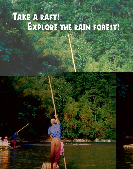 photograph of people floating down a river on rafts through a rain forest