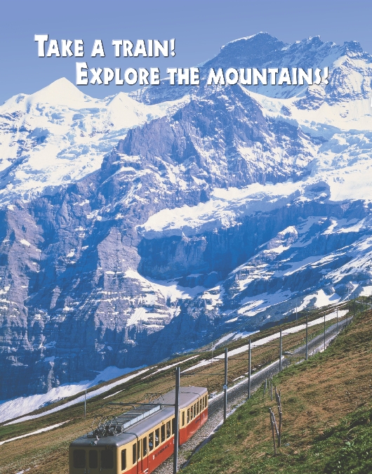 photograph of scenic view of train and snow-capped mountains in background