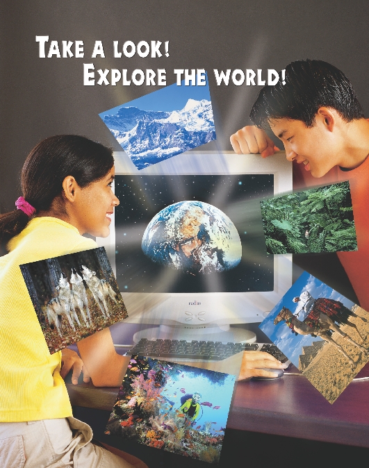 photograph of teenage boy and girl looking at computer screen showing a photo of Earth