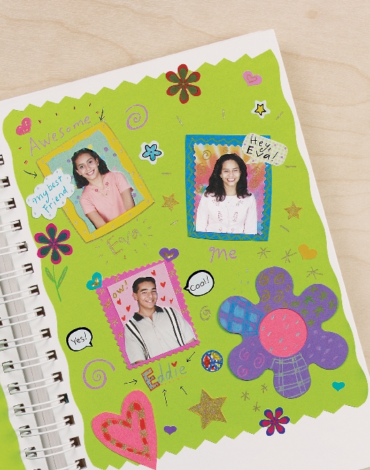 illustration of a student's scrapbook with photos of friend