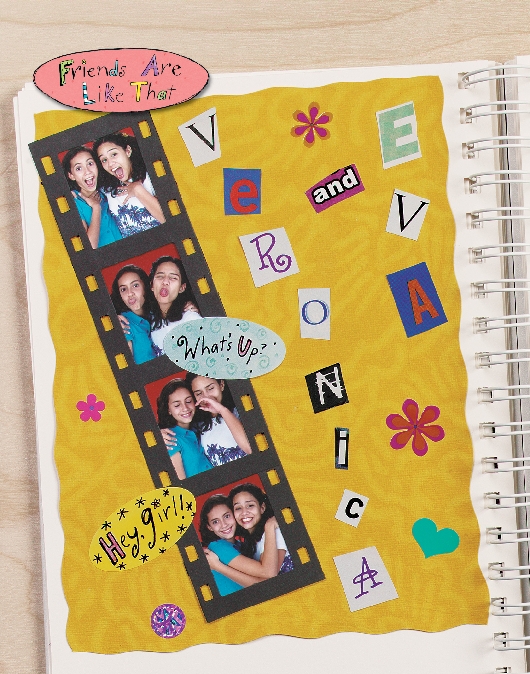 illustration of a Friends Are Like That scrapbook with photos of two girls