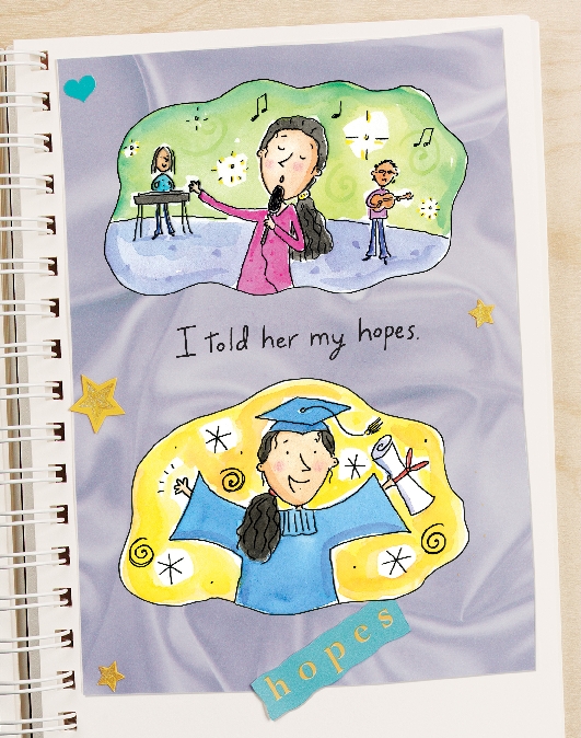 illustration of best friends' scrapbook with pictures of a person's hopes