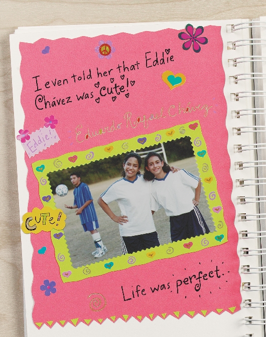 illustration of best friend's scrapbook with photo of two girls at soccer practice