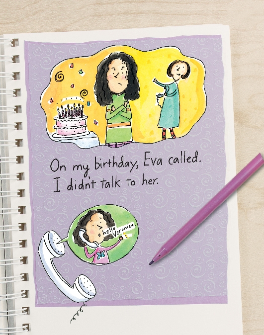 illustration of a birthday cake and girl who looks unhappy in the scrapbook